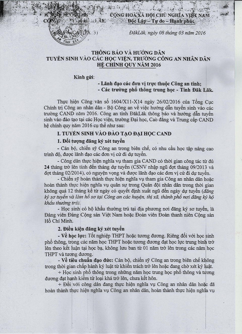 Thông báo và hướng dẫn tuyển sinh vào các Học viện, trường Công an nhân dân hệ chính quy năm 2016