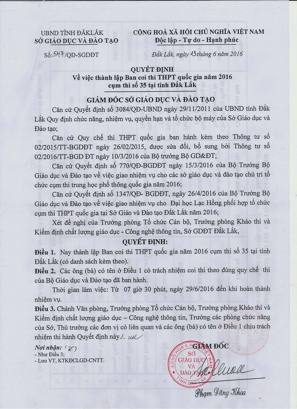 Danh sách coi thi, chấm thi kỳ thi THPT QG 2016