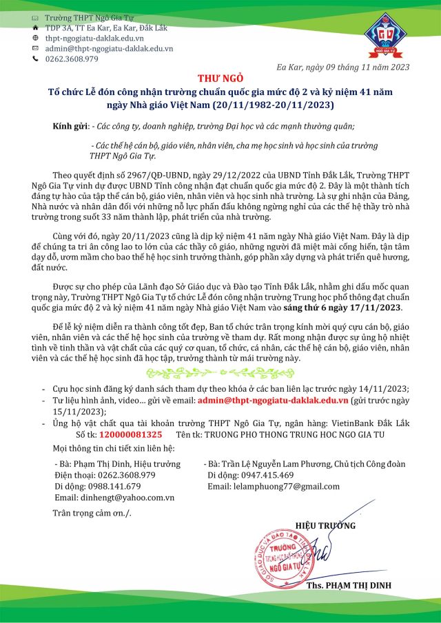 Thư ngỏ về việc tổ chức Lễ đón công nhận trường THPT đạt chuẩn quốc gia mức độ 2 và kỷ niệm 41 năm ngày Nhà giáo Việt Nam