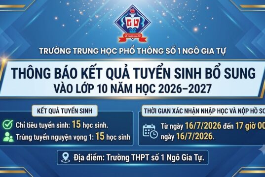 Danh sách trúng tuyển bổ sung vào lớp 10 trường THPT số 1 Ngô Gia Tự năm học 2026–2027