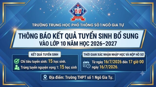 Danh sách trúng tuyển bổ sung vào lớp 10 trường THPT số 1 Ngô Gia Tự năm học 2026–2027