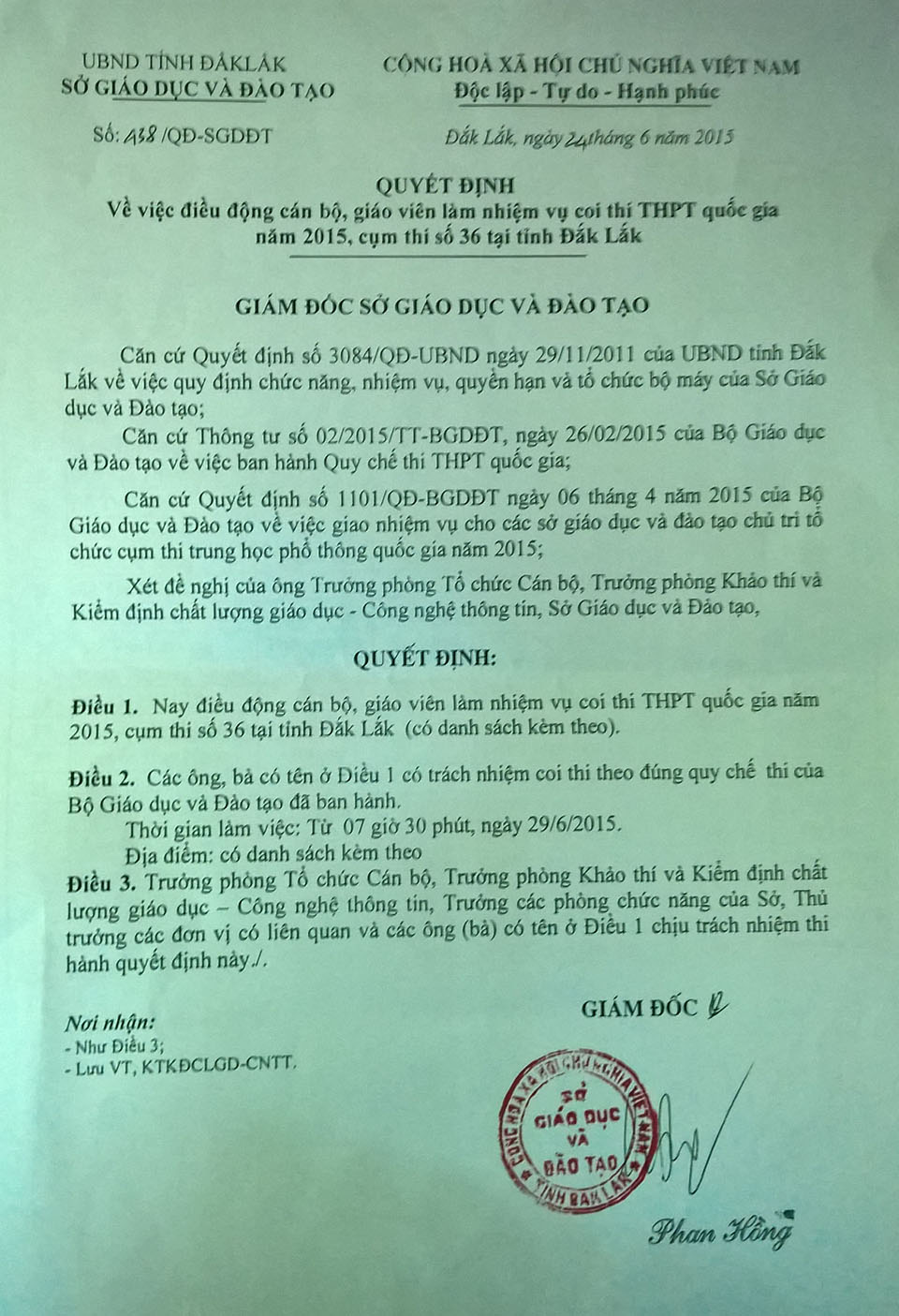 Quyết định và danh sách giáo viên được cử làm nhiệm vụ thi kỳ thi THPT Quốc gia năm 2015