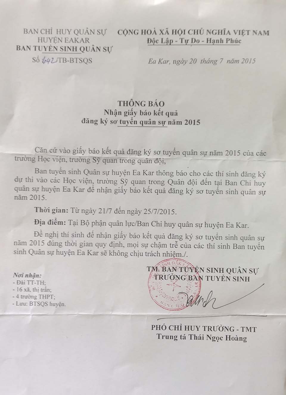 Thông báo nhận giấy báo kết quả đăng ký sơ tuyển quân sự năm 2015